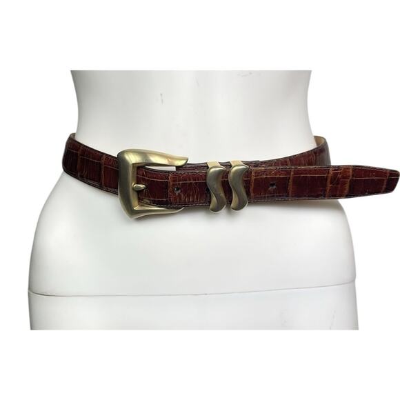 Vintage Nordstrom Brown M A3145 Croc Leather Gold Adjustable Buckle Belt EUC - Picture 2 of 3